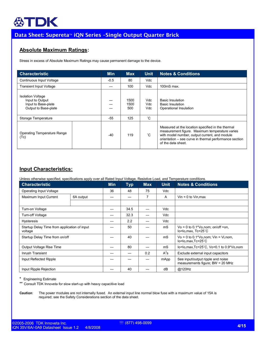 TDK iQN series manual Absolute Maximum Ratings, Input Characteristics, Characteristic Min Max Unit 