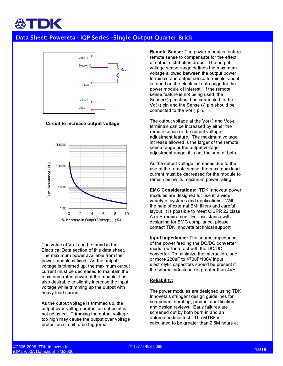 TDK iQP 5V/50A manual Circuit to increase output voltage, Reliability 