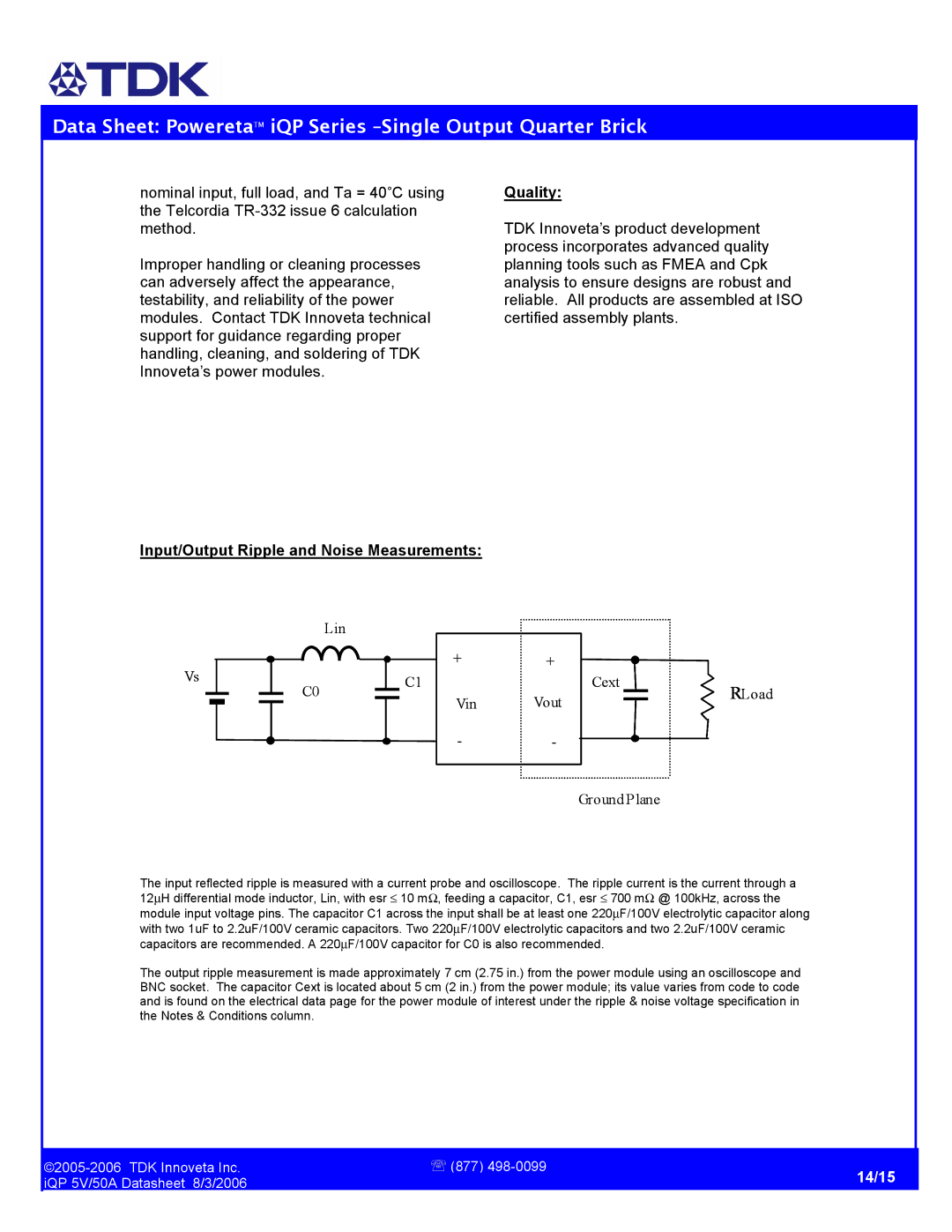 TDK iQP 5V/50A manual Input/Output Ripple and Noise Measurements Quality, Lin Vin Vout Cext RLoad Ground Plane 