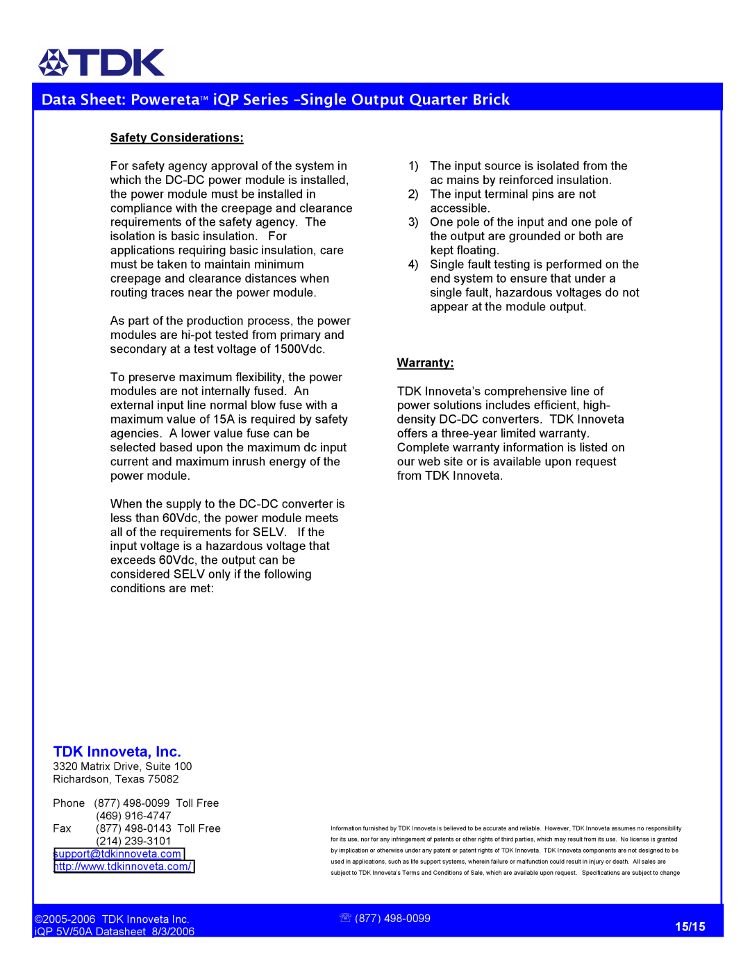 TDK iQP 5V/50A manual Safety Considerations, Warranty 