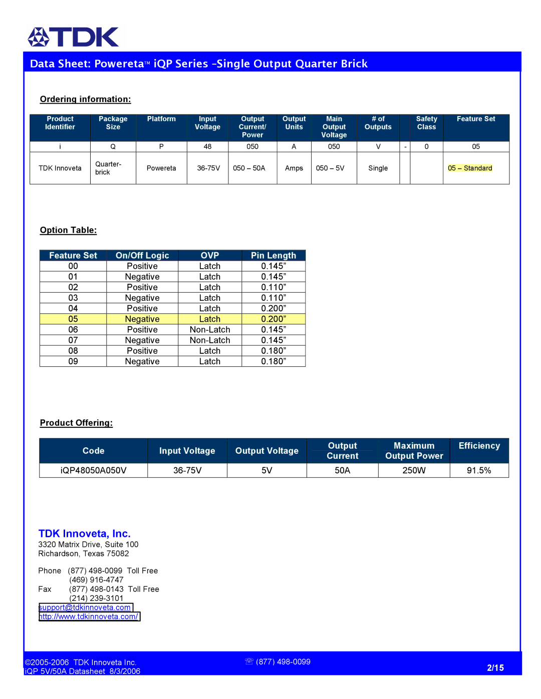 TDK iQP 5V/50A manual Ordering information, Option Table, Product Offering 