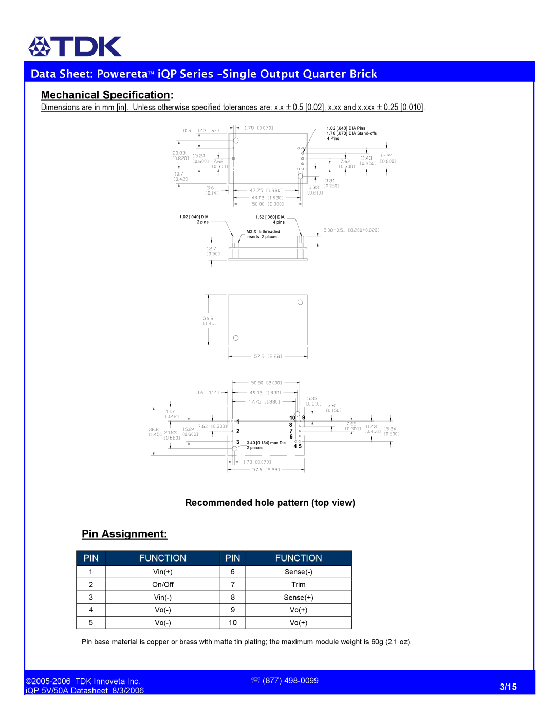 TDK iQP 5V/50A manual Mechanical Specification, Pin Assignment 