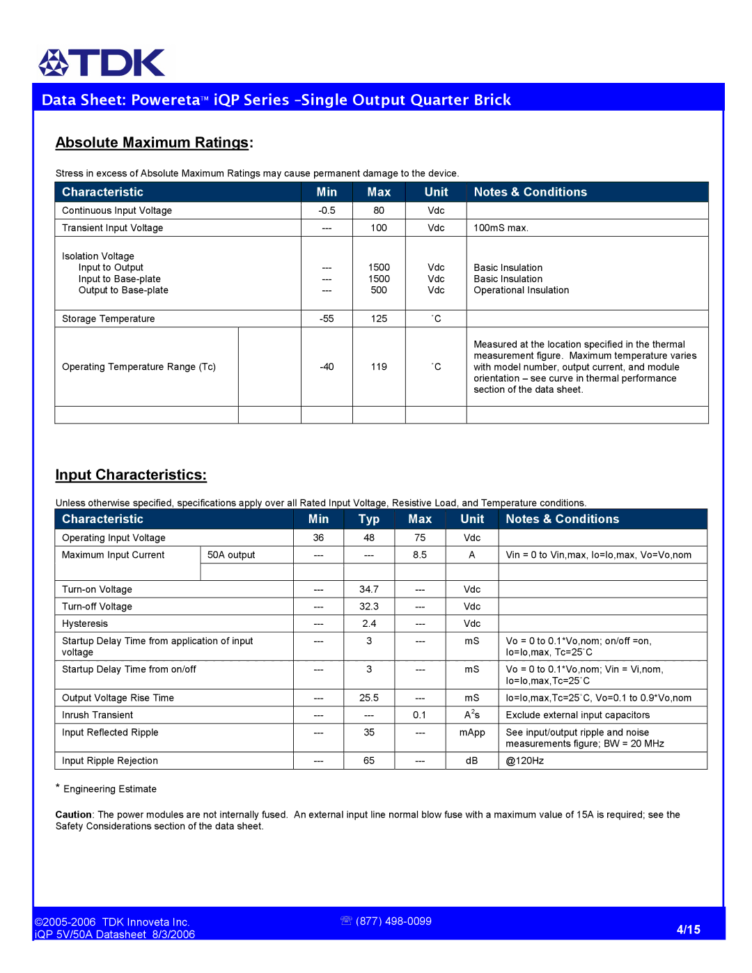 TDK iQP 5V/50A manual Absolute Maximum Ratings, Input Characteristics 