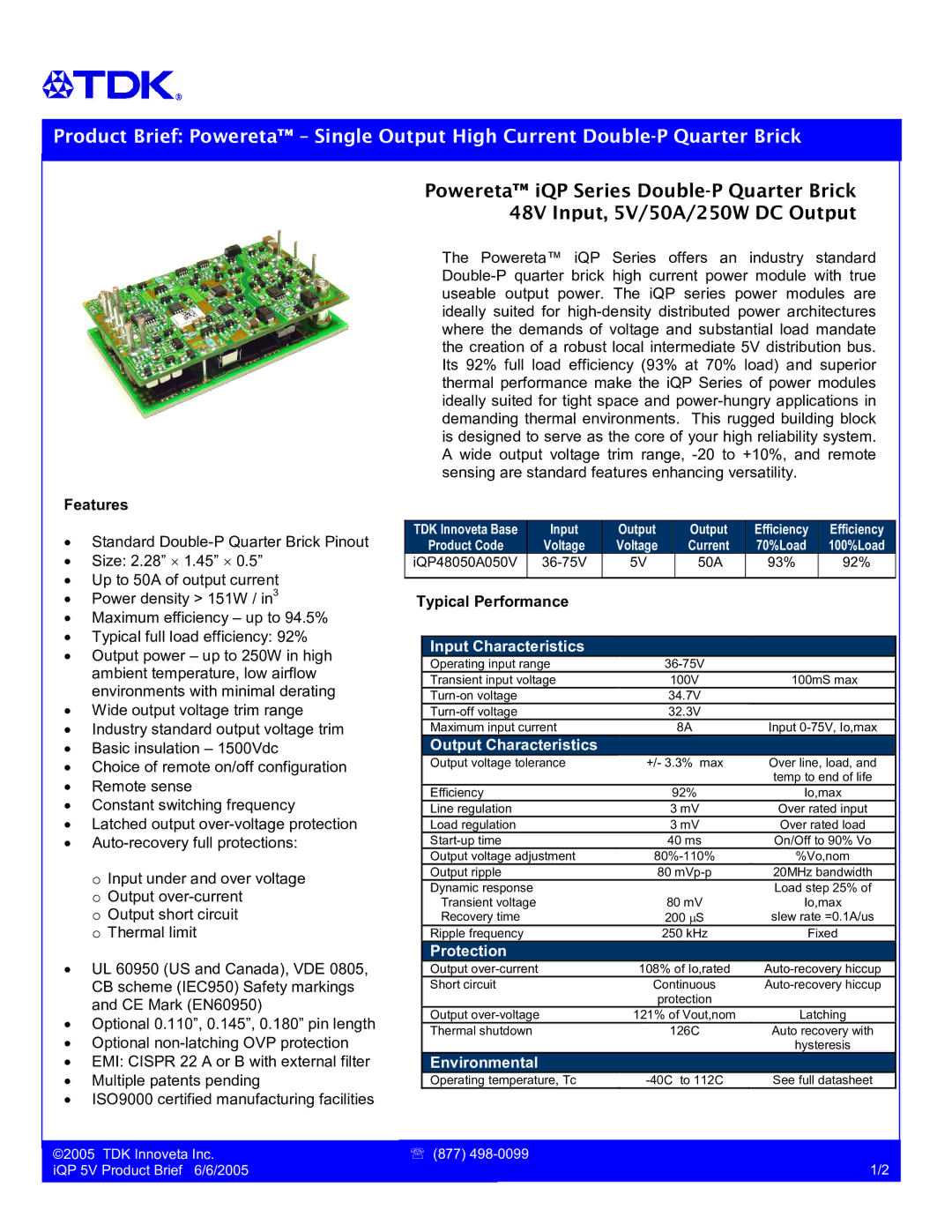 TDK iQP Series, iQP48050A050V manual Input Characteristics, Output Characteristics, Protection, Environmental 