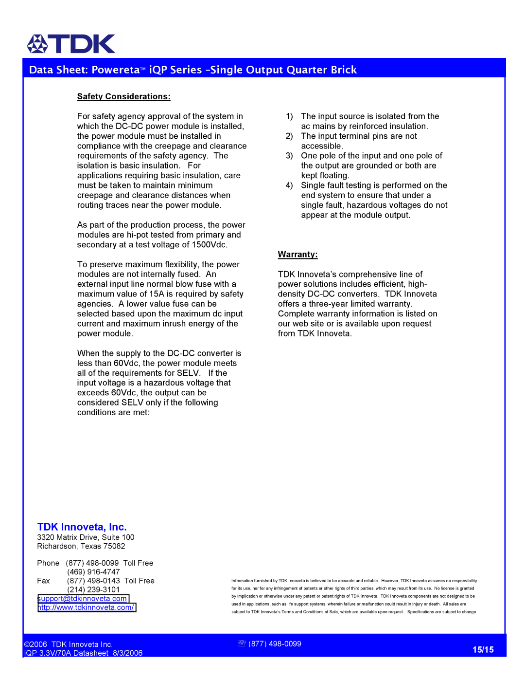 TDK iQP48070A033 manual Safety Considerations, Warranty 