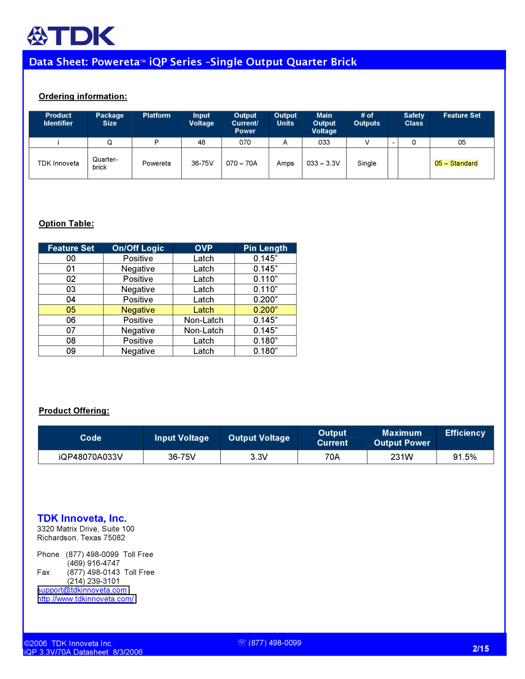 TDK iQP48070A033 manual Ordering information, Option Table, Product Offering 