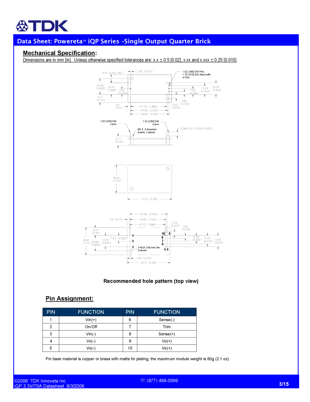 TDK iQP48070A033 manual Mechanical Specification, Pin Assignment 