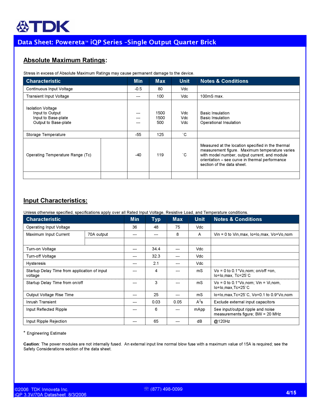 TDK iQP48070A033 manual Absolute Maximum Ratings, Input Characteristics 