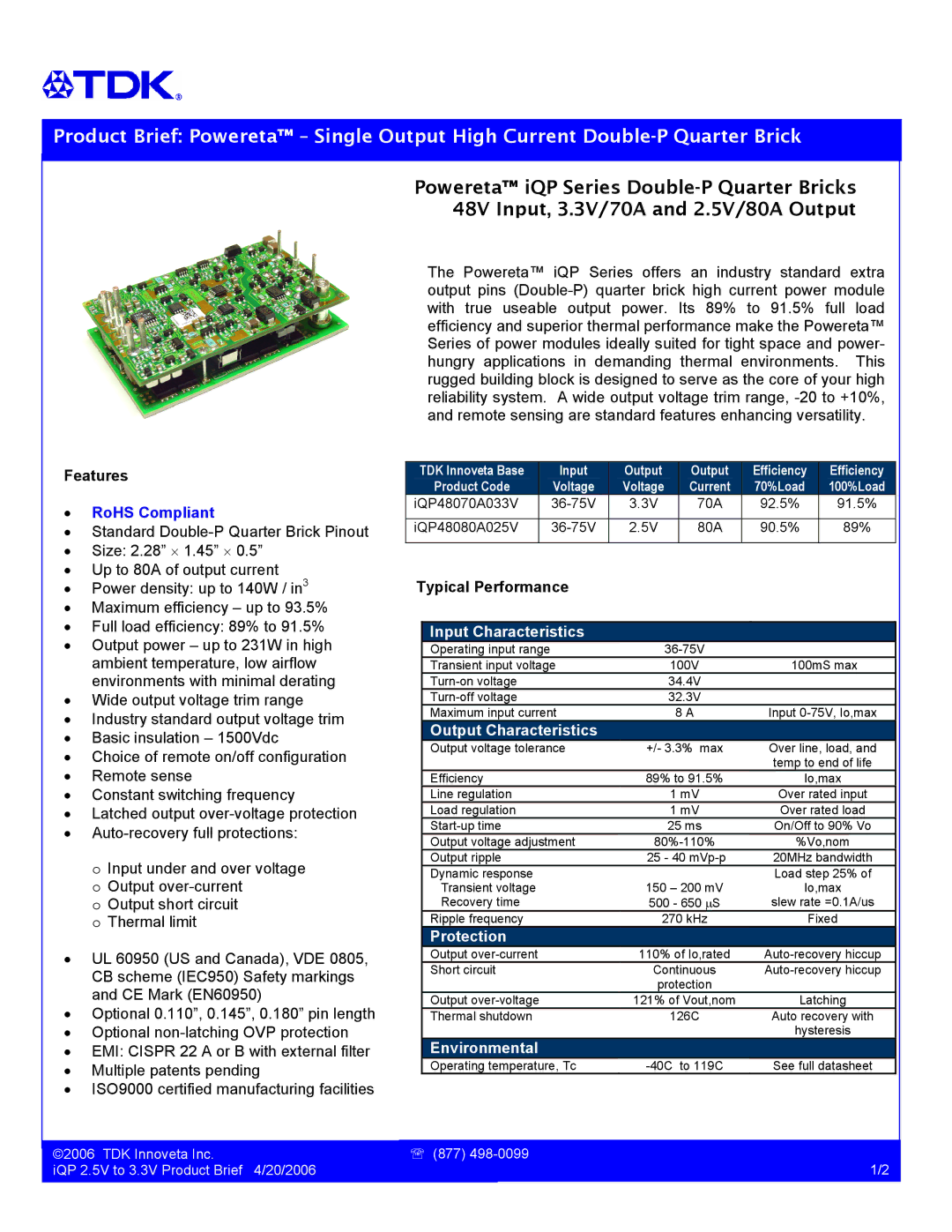 TDK iQP48080A025V, iQP48070A033V manual Input Characteristics, Output Characteristics, Protection, Environmental 