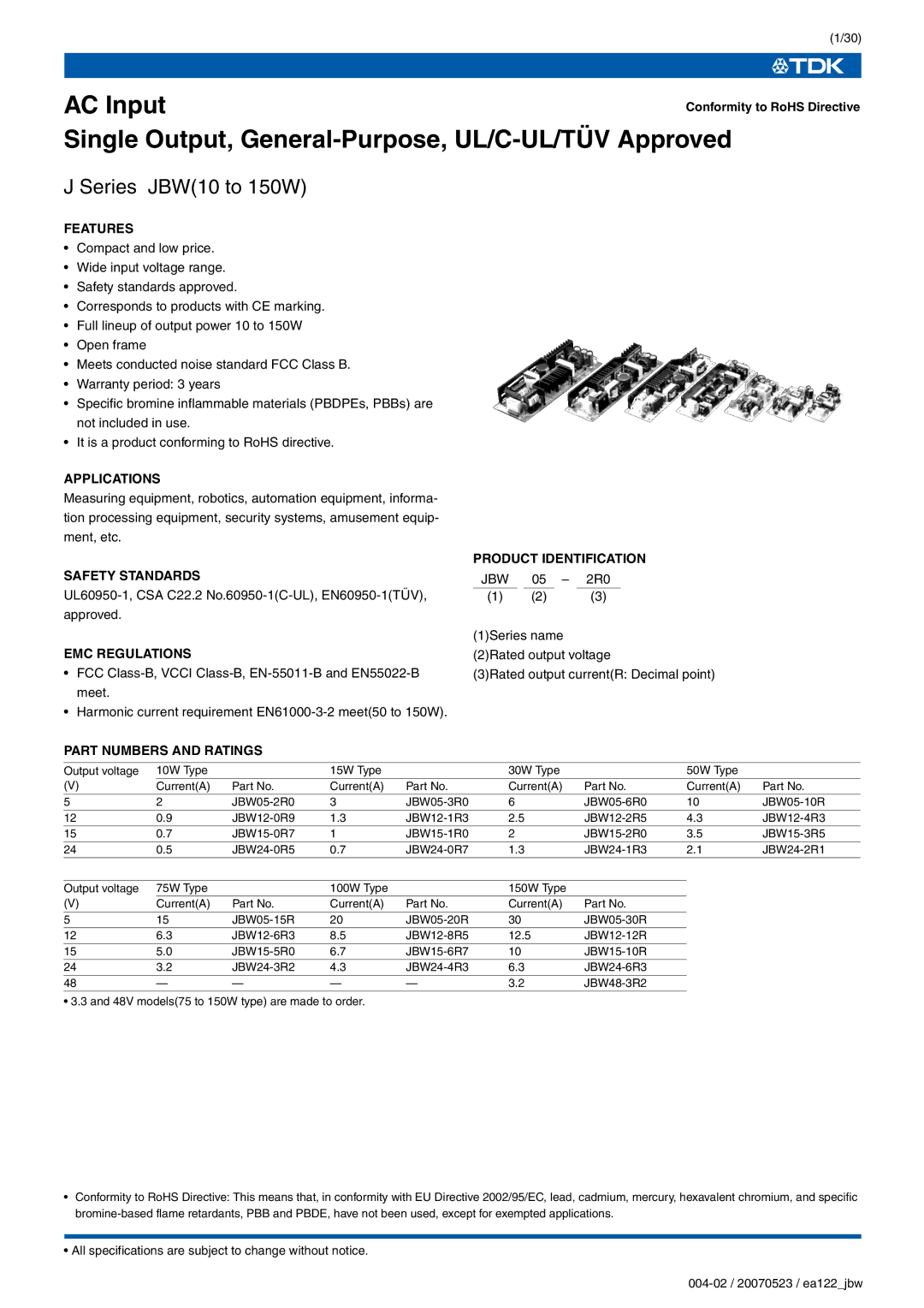 TDK J Series JBW specifications Series JBW10 to 150W 