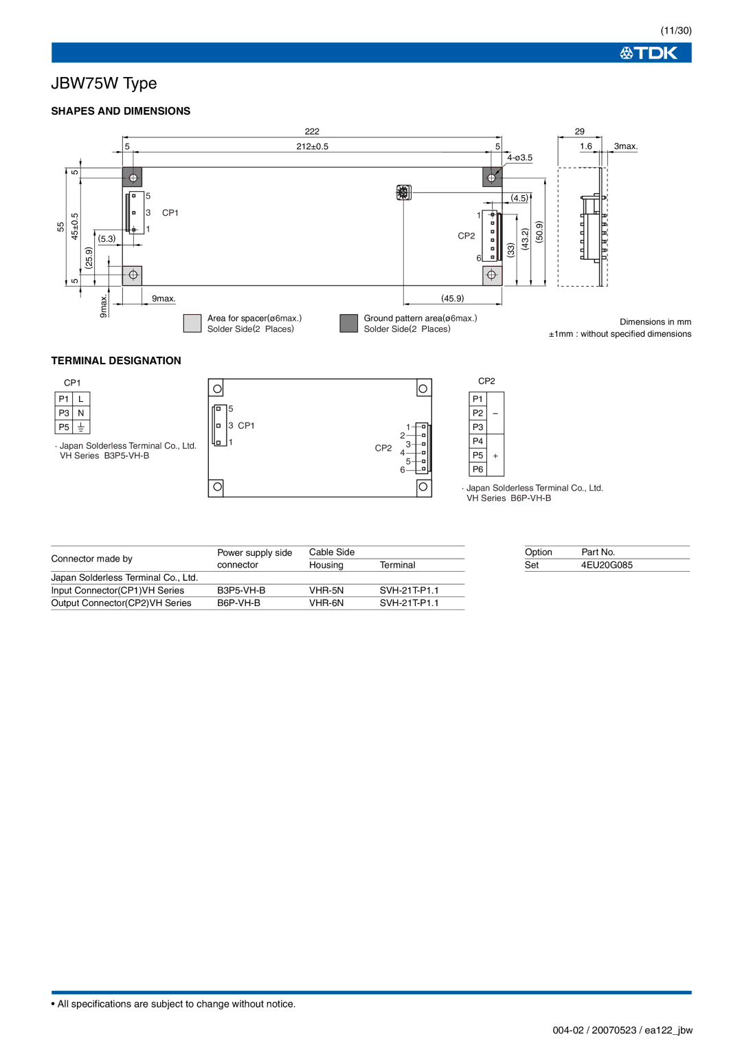 TDK J Series JBW specifications 11/30 