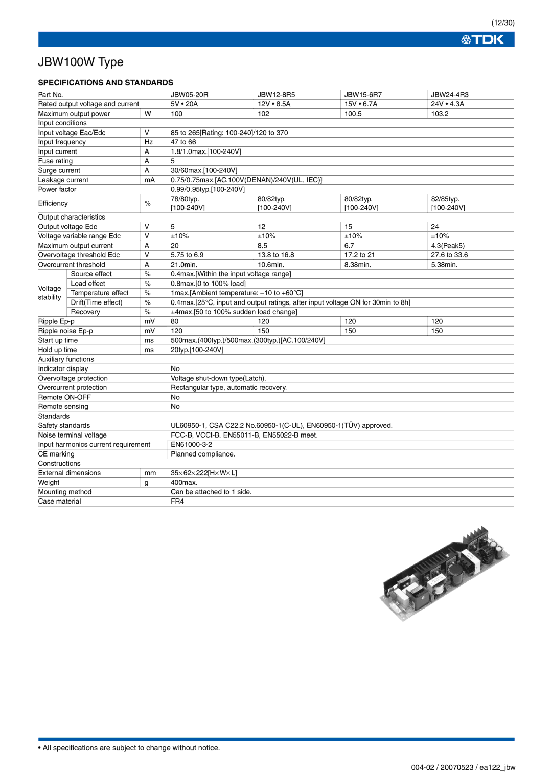 TDK J Series JBW specifications JBW100W Type 