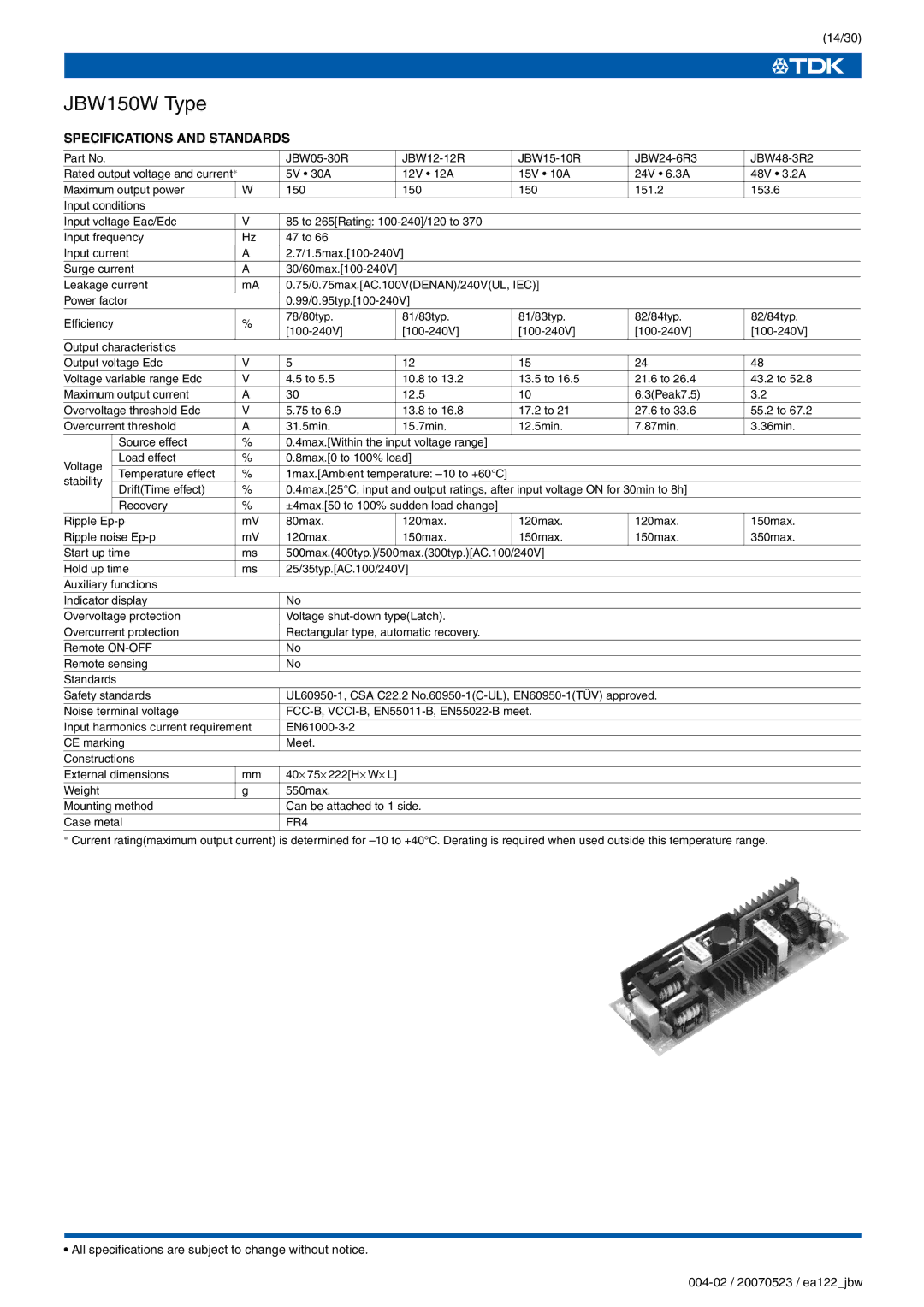 TDK J Series JBW specifications JBW150W Type 