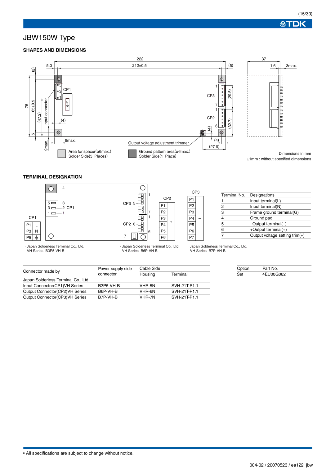 TDK J Series JBW specifications 15/30 