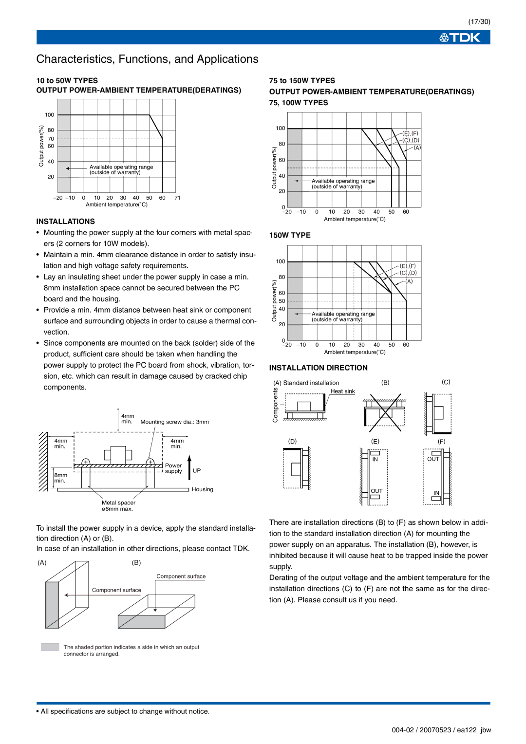 TDK J Series JBW specifications Output POWER-AMBIENT Temperaturederatings, Installations, 150W Type, Installation Direction 