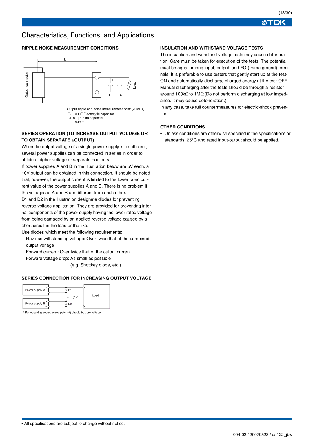 TDK J Series JBW Ripple Noise Measurement Conditions, Series Connection for Increasing Output Voltage, Other Conditions 