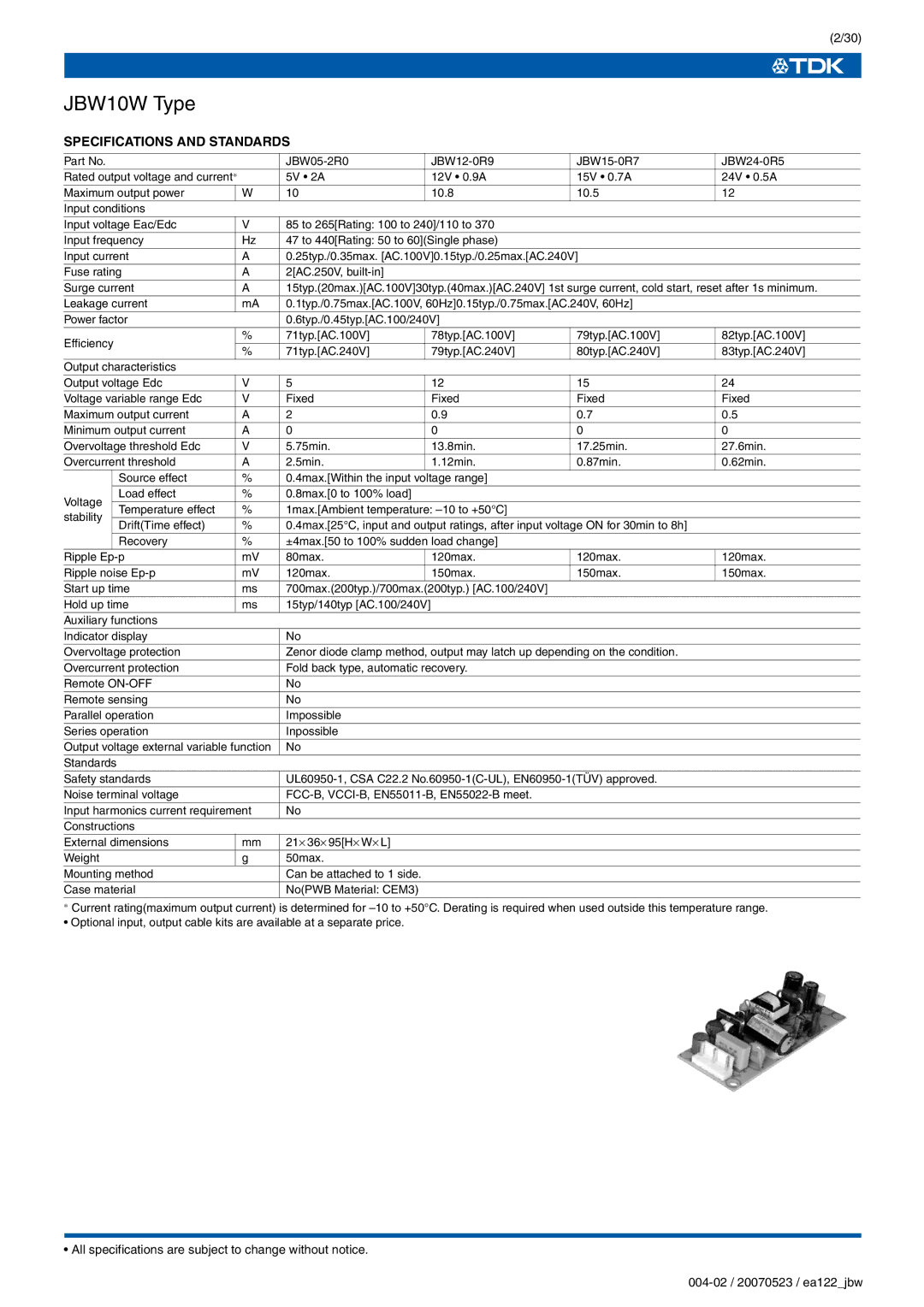 TDK J Series JBW specifications JBW10W Type, Specifications and Standards 