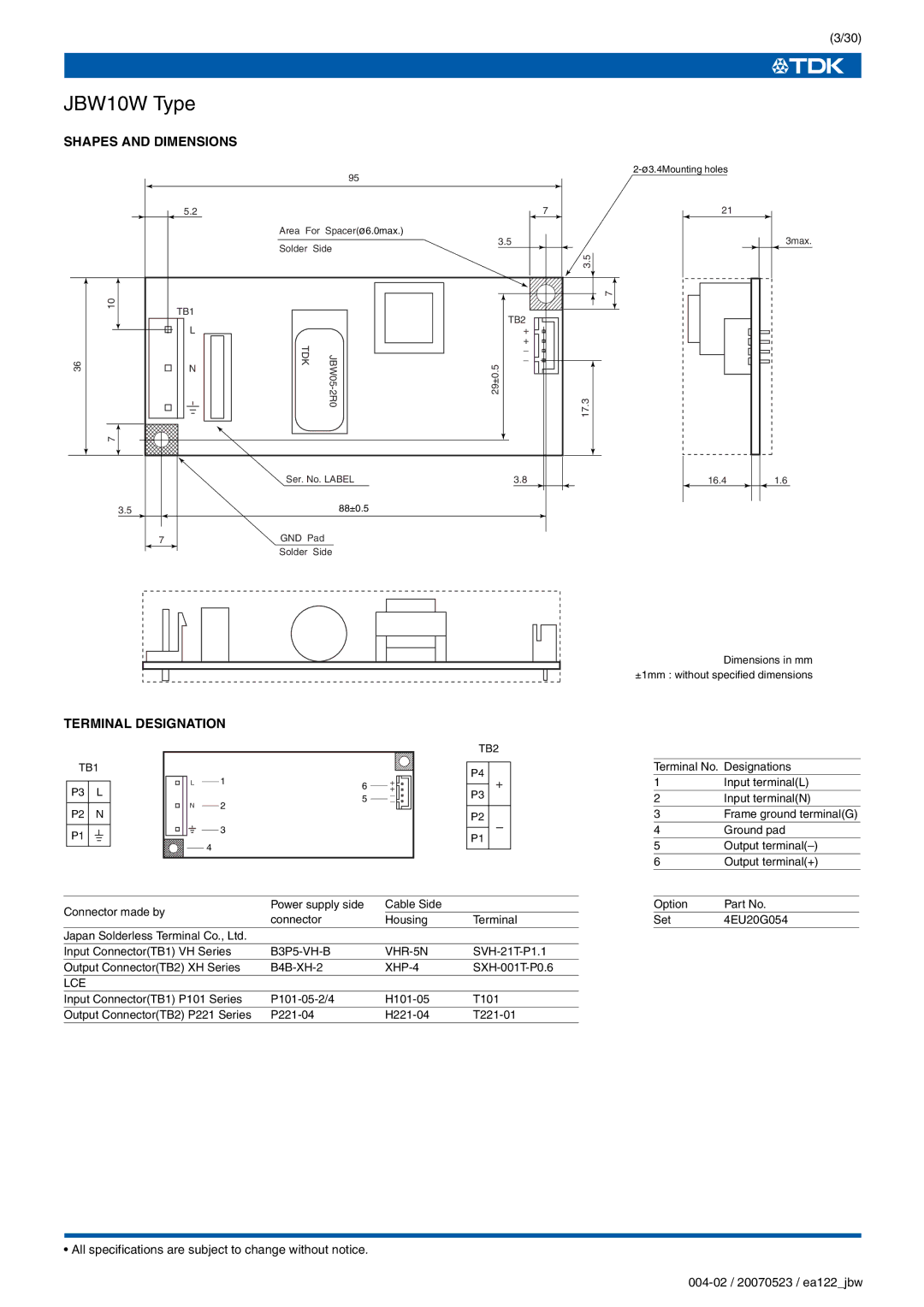 TDK J Series JBW specifications Shapes and Dimensions, Terminal Designation 