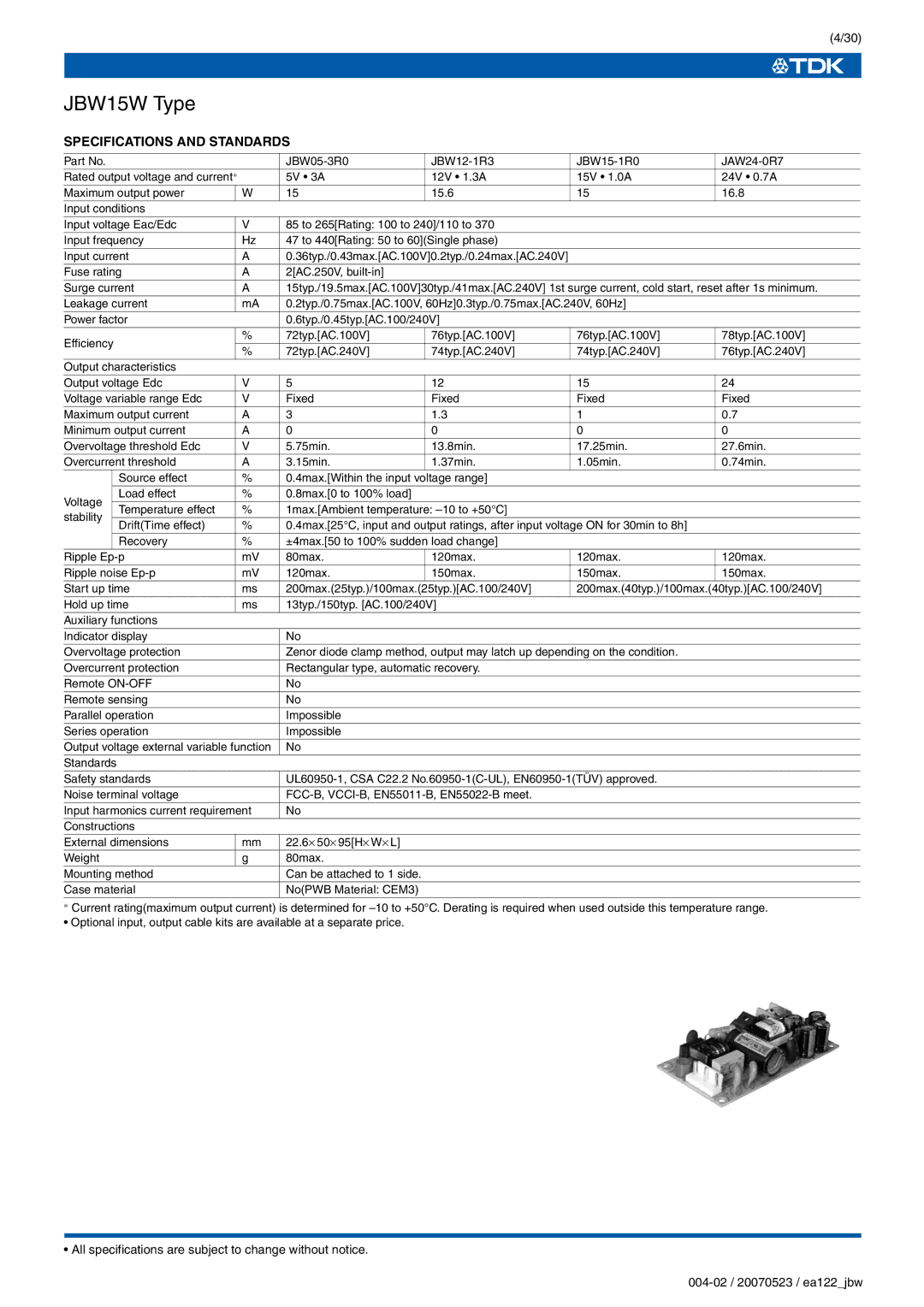 TDK J Series JBW specifications JBW15W Type 