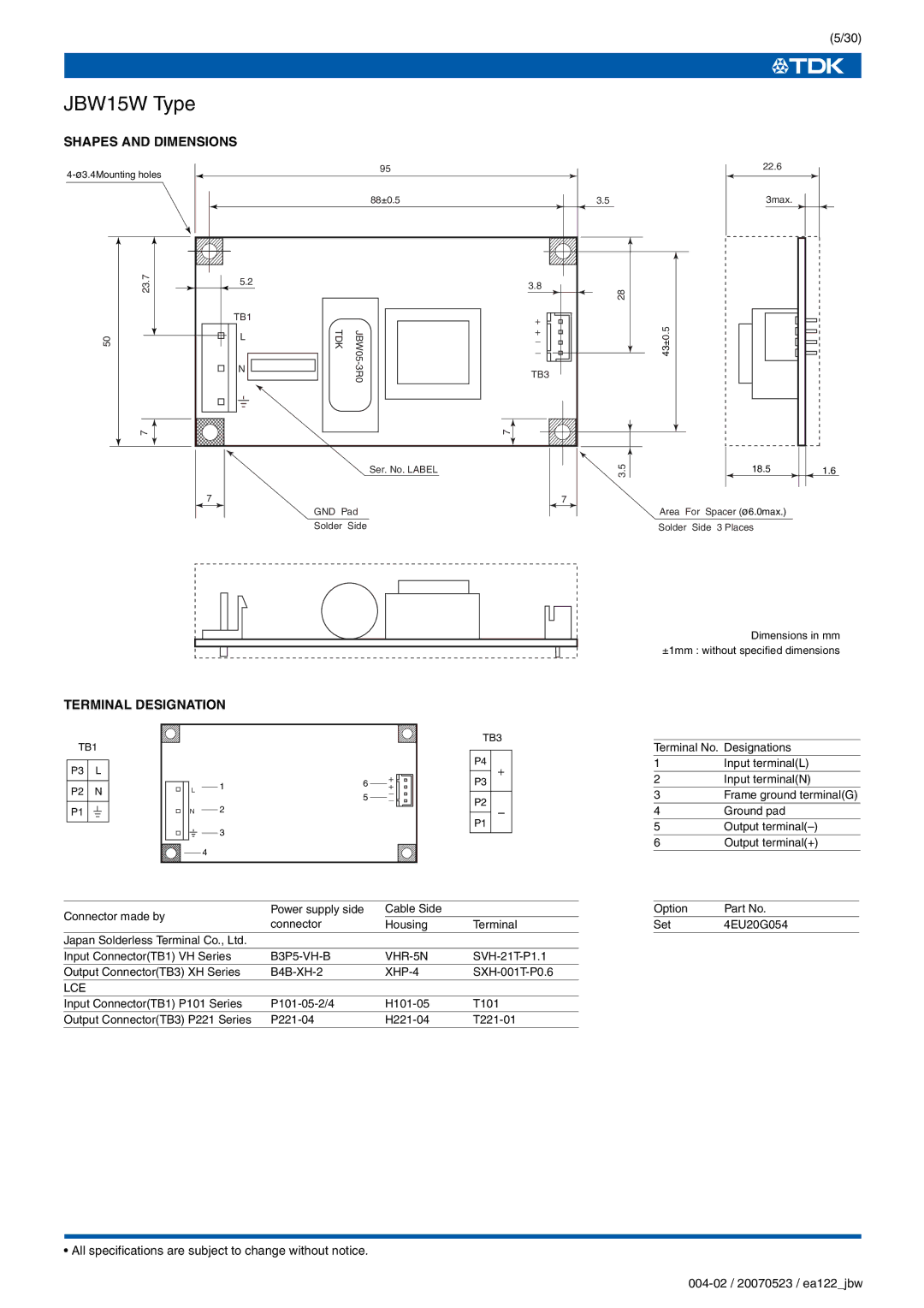 TDK J Series JBW specifications JBW15W Type 