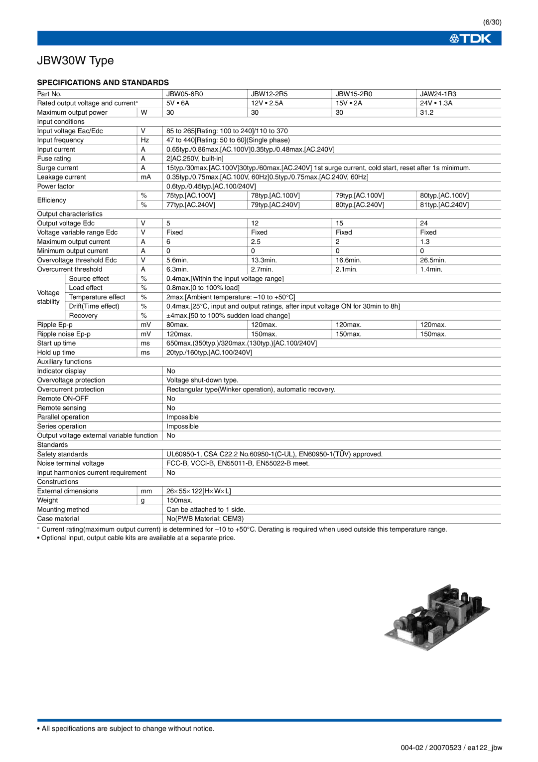 TDK J Series JBW specifications JBW30W Type 