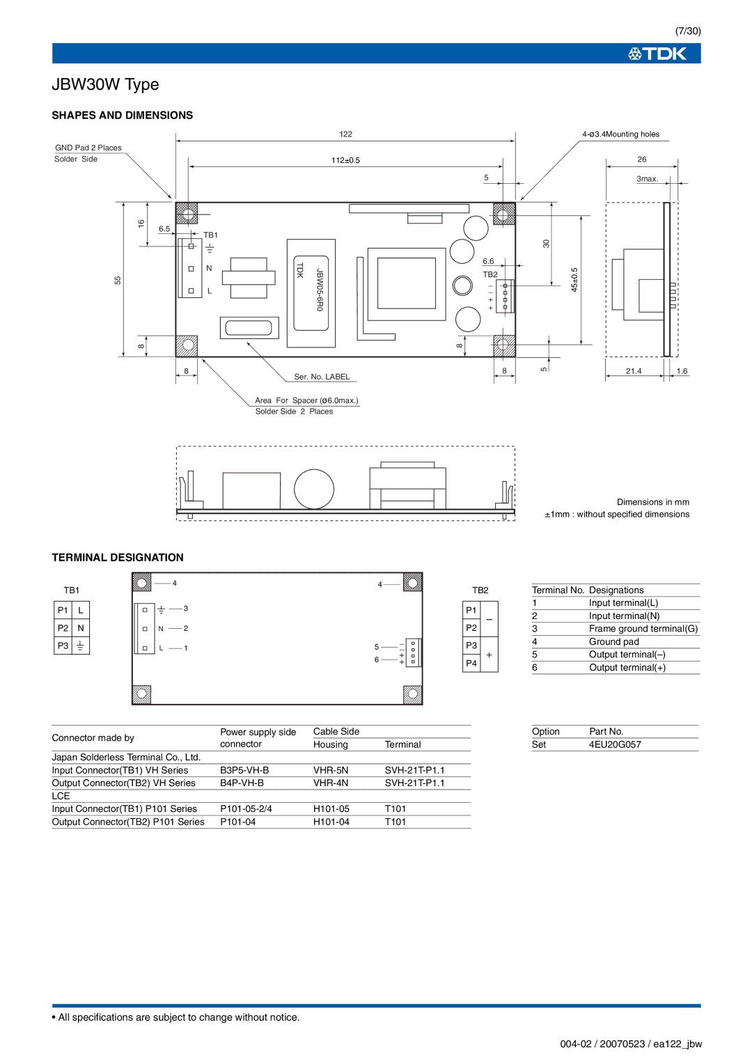 TDK J Series JBW specifications JBW30W Type 