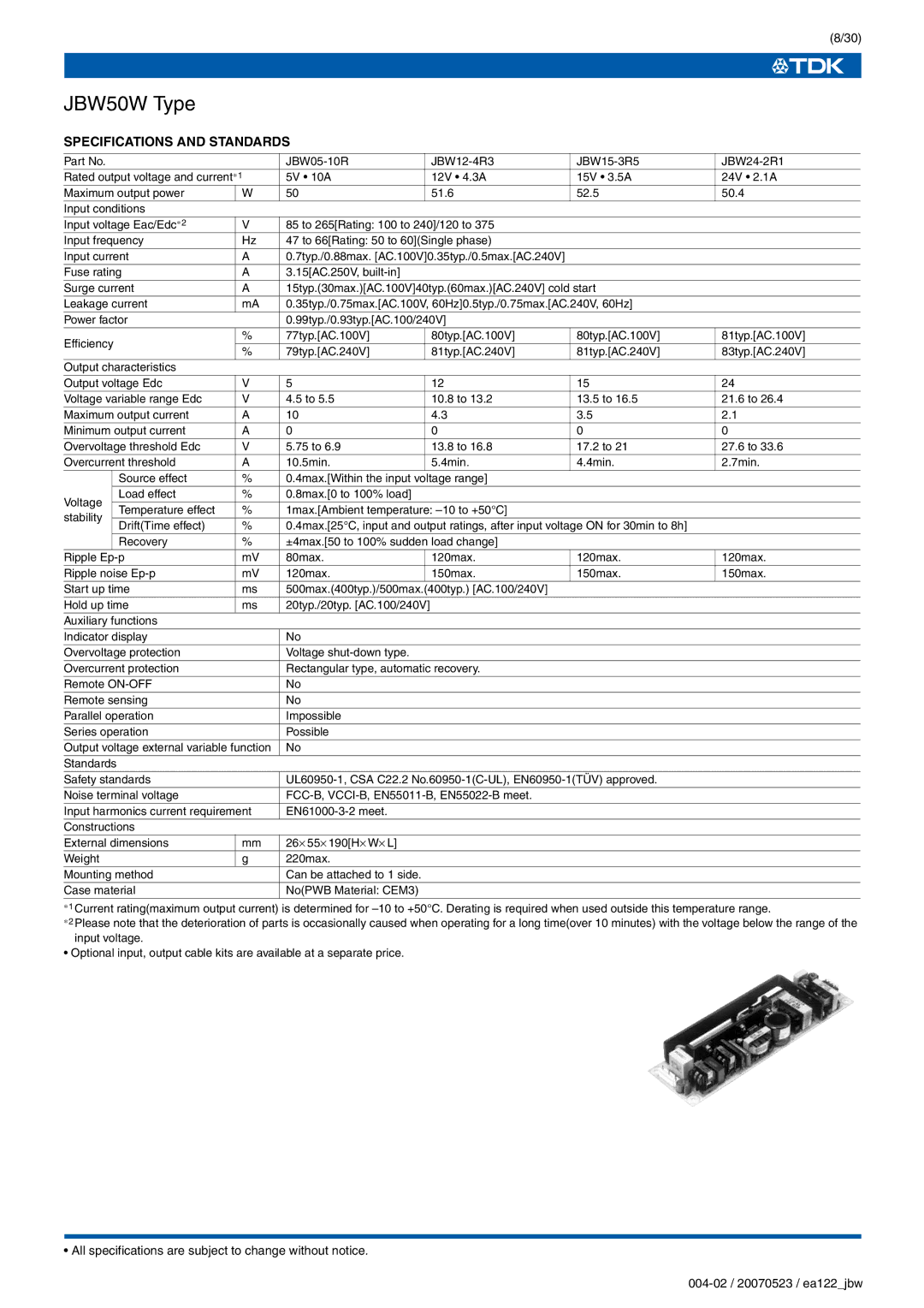 TDK J Series JBW specifications JBW50W Type 