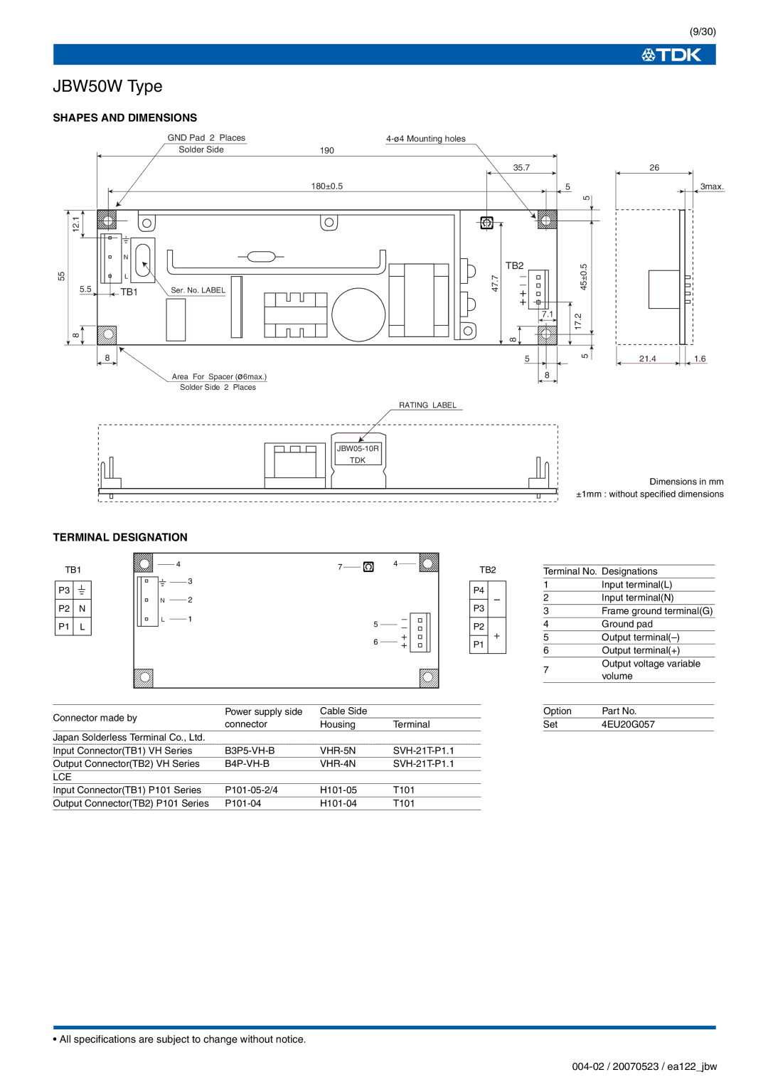 TDK J Series JBW specifications TB2 