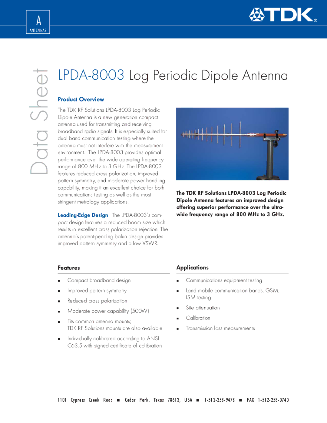 TDK LPDA-8003 manual Data, Product Overview, Features, Applications 