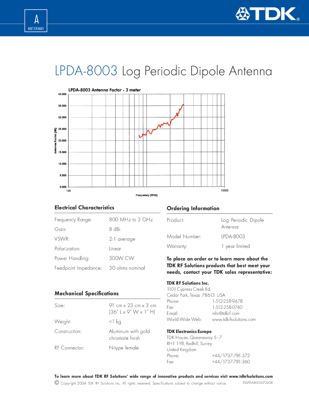 TDK LPDA-8003 manual Electrical Characteristics, Mechanical Specifications, Ordering Information 