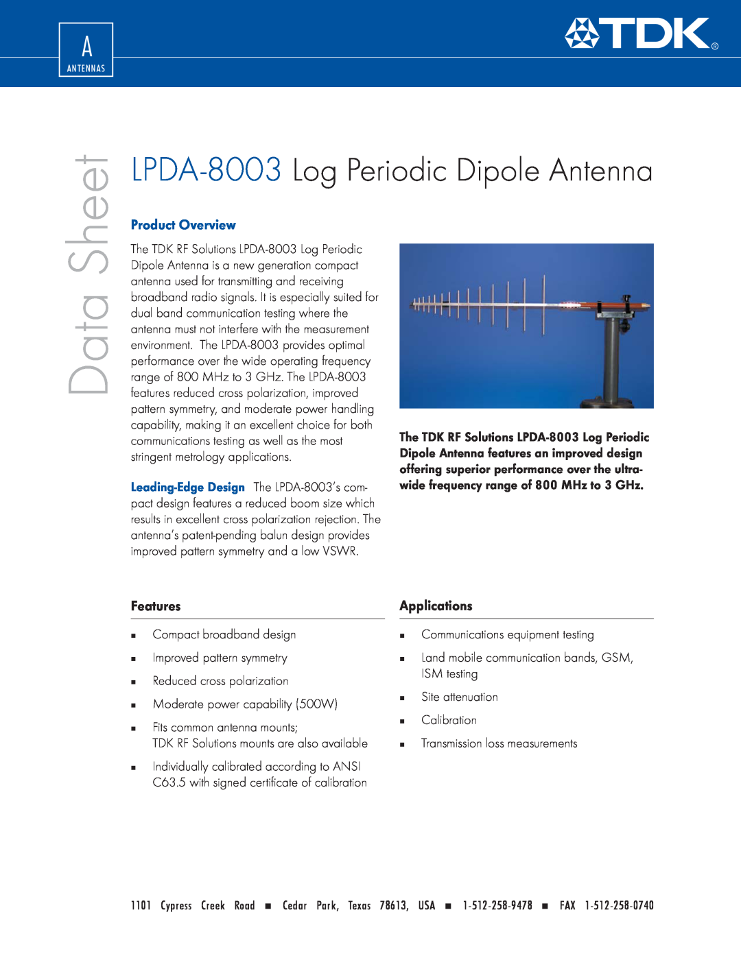 TDK manual LPDA-8003 Log Periodic Dipole Antenna, Features, Applications, Data, Sheet, Product Overview 