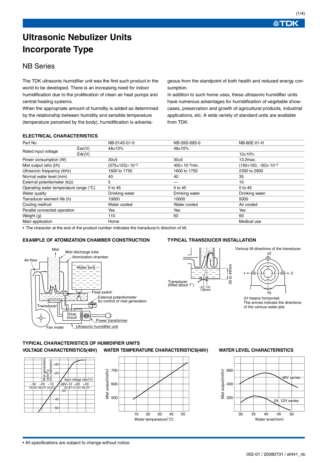 TDK NB-59S-09S-0 specifications Ultrasonic Nebulizer Units Incorporate Type, Electrical Characteristics 