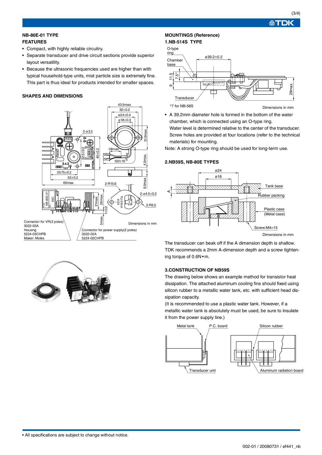 TDK NB-59S-09S-0 specifications NB59S, NB-80E Types, Construction of NB59S 