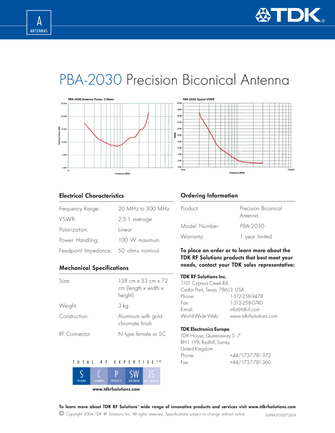 TDK PBA-2030 manual Electrical Characteristics, Mechanical Specifications, Ordering Information 