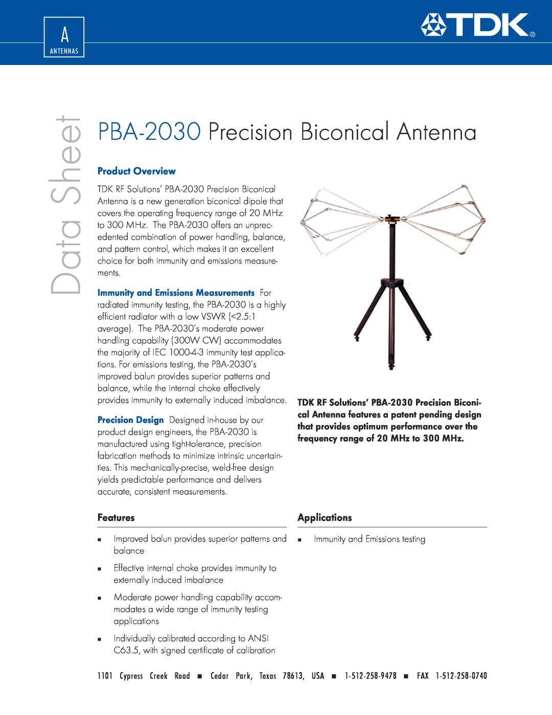 TDK manual PBA-2030 Precision Biconical Antenna, Features, Applications, Data, Sheet, Product Overview 