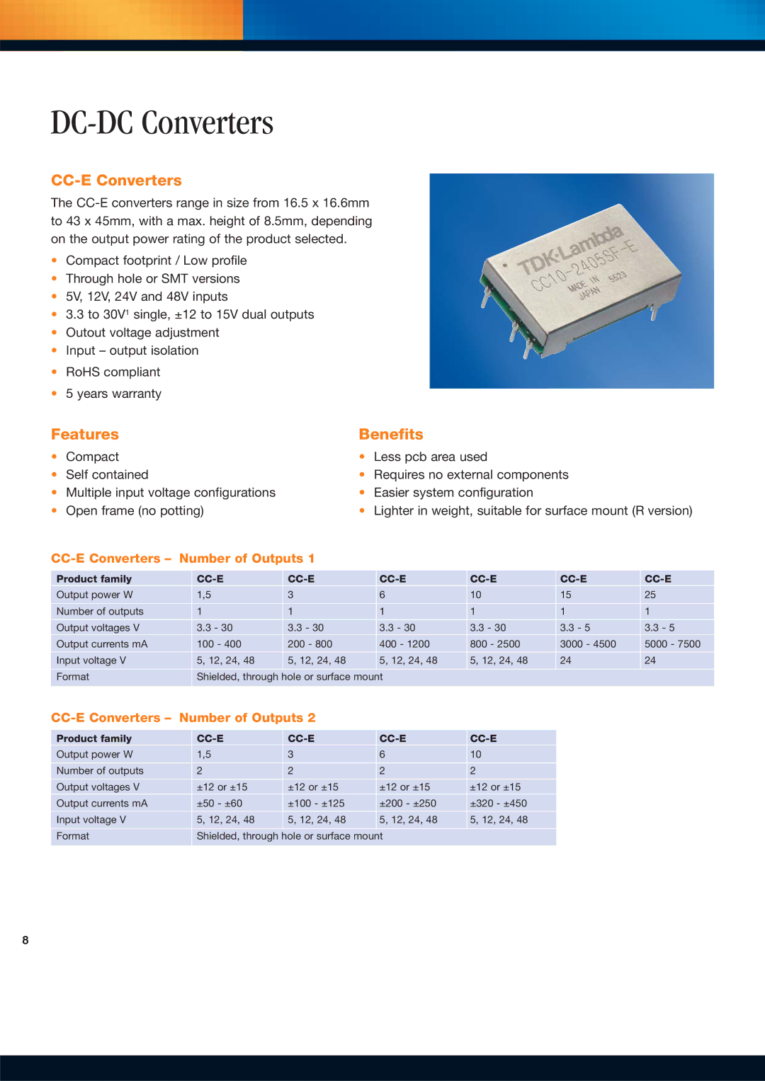 TDK Power Supply/DC to DC Converter/CCFL Inverter manual DC-DC Converters, CC-E Converters, Features Benefits, Cc-E 