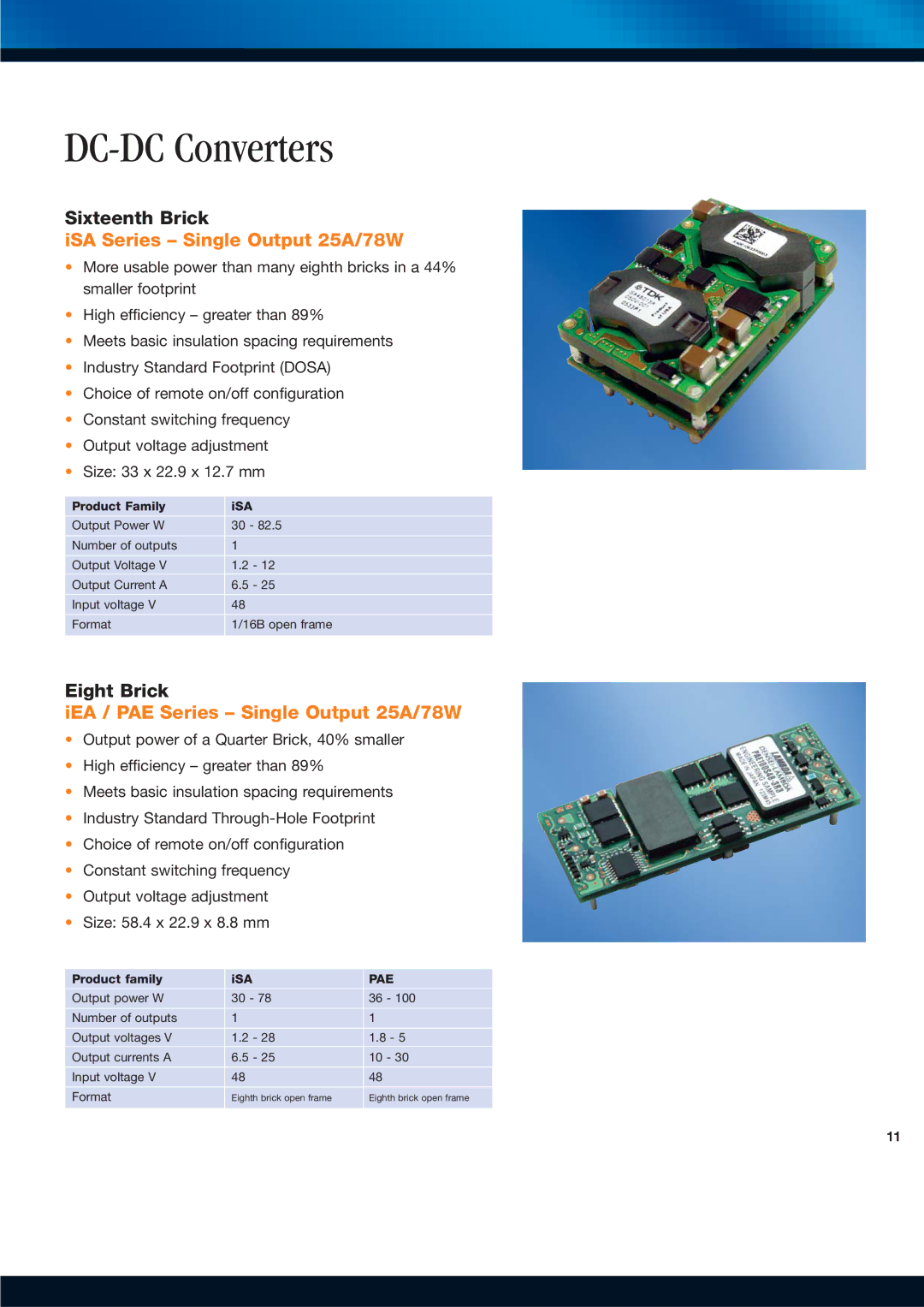 TDK Power Supply/DC to DC Converter/CCFL Inverter ISA Series Single Output 25A/78W, IEA / PAE Series Single Output 25A/78W 