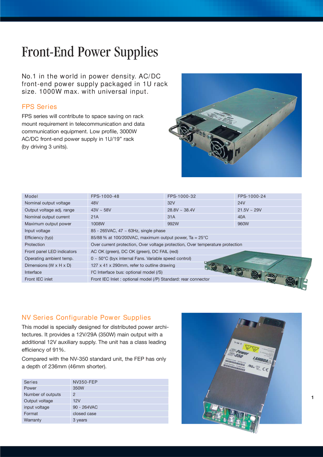 TDK Power Supply/DC to DC Converter/CCFL Inverter manual Front-End Power Supplies, FPS Series, Series NV350-FEP 