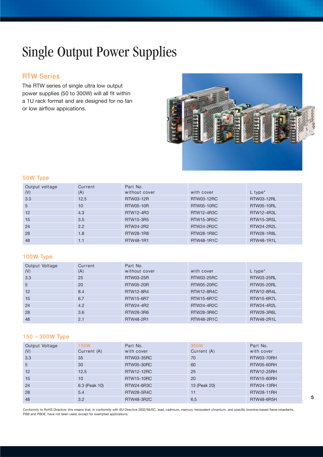 TDK Power Supply/DC to DC Converter/CCFL Inverter manual Single Output Power Supplies, RTW Series, 50W Type, 100W Type 