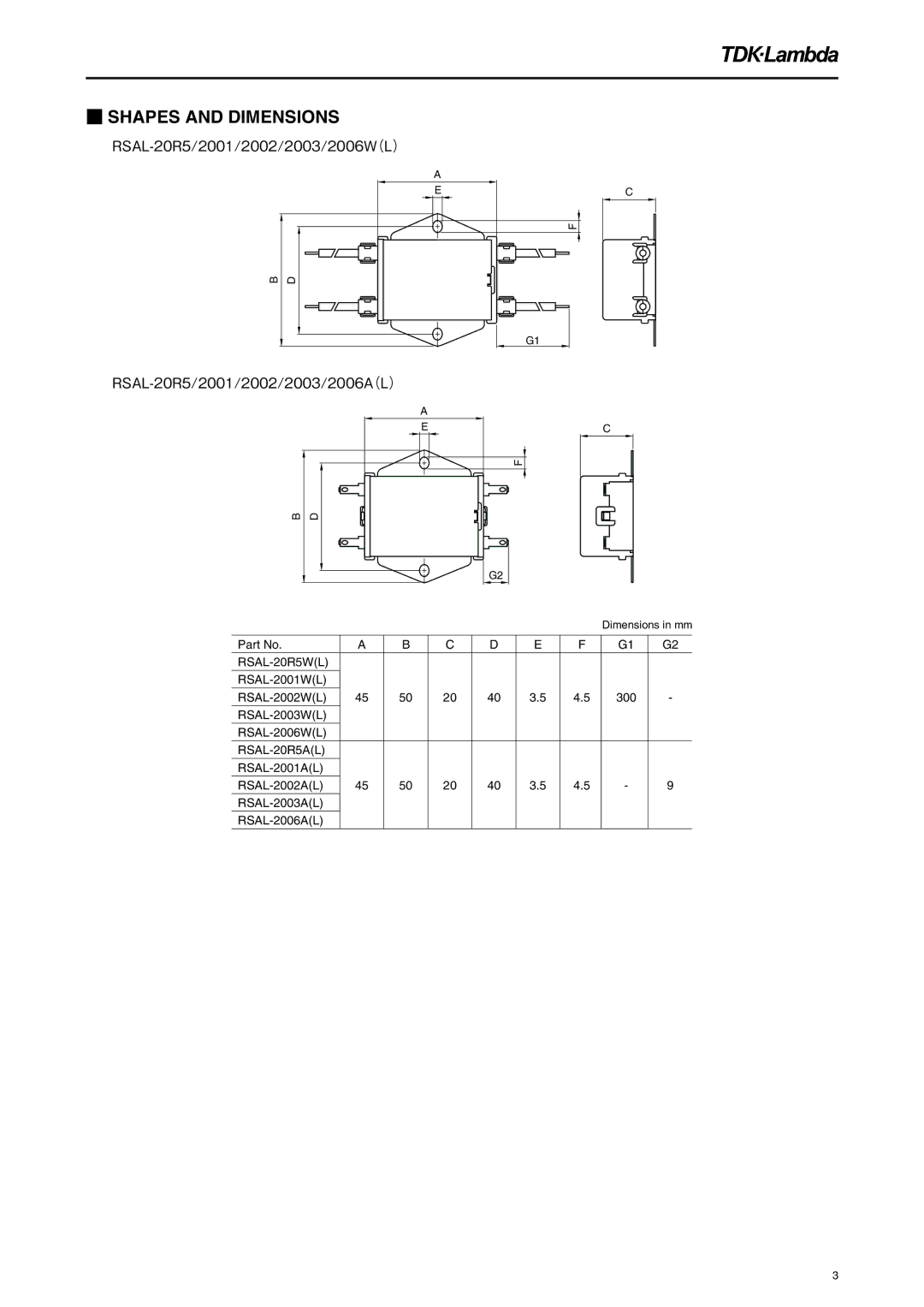 TDK RSAL-2006W, RSAL-2001W, RSAL-20R5W, RSAL-2003W, RSAL-2002W specifications Shapes and Dimensions 