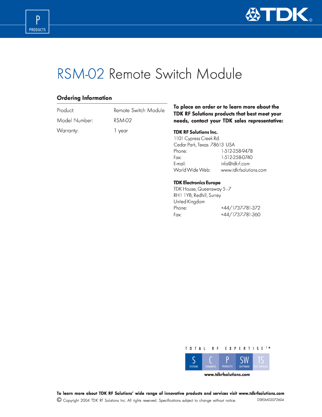 TDK manual Ordering Information, Product, Model Number, Warranty, year, RSM-02 Remote Switch Module 
