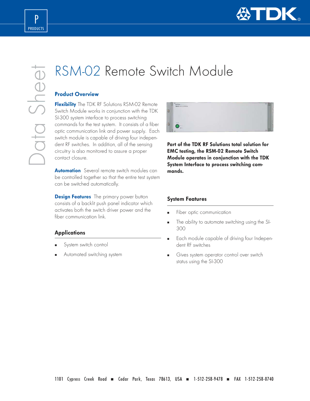 TDK RSM-02 manual Data, Product Overview, Applications, System Features 