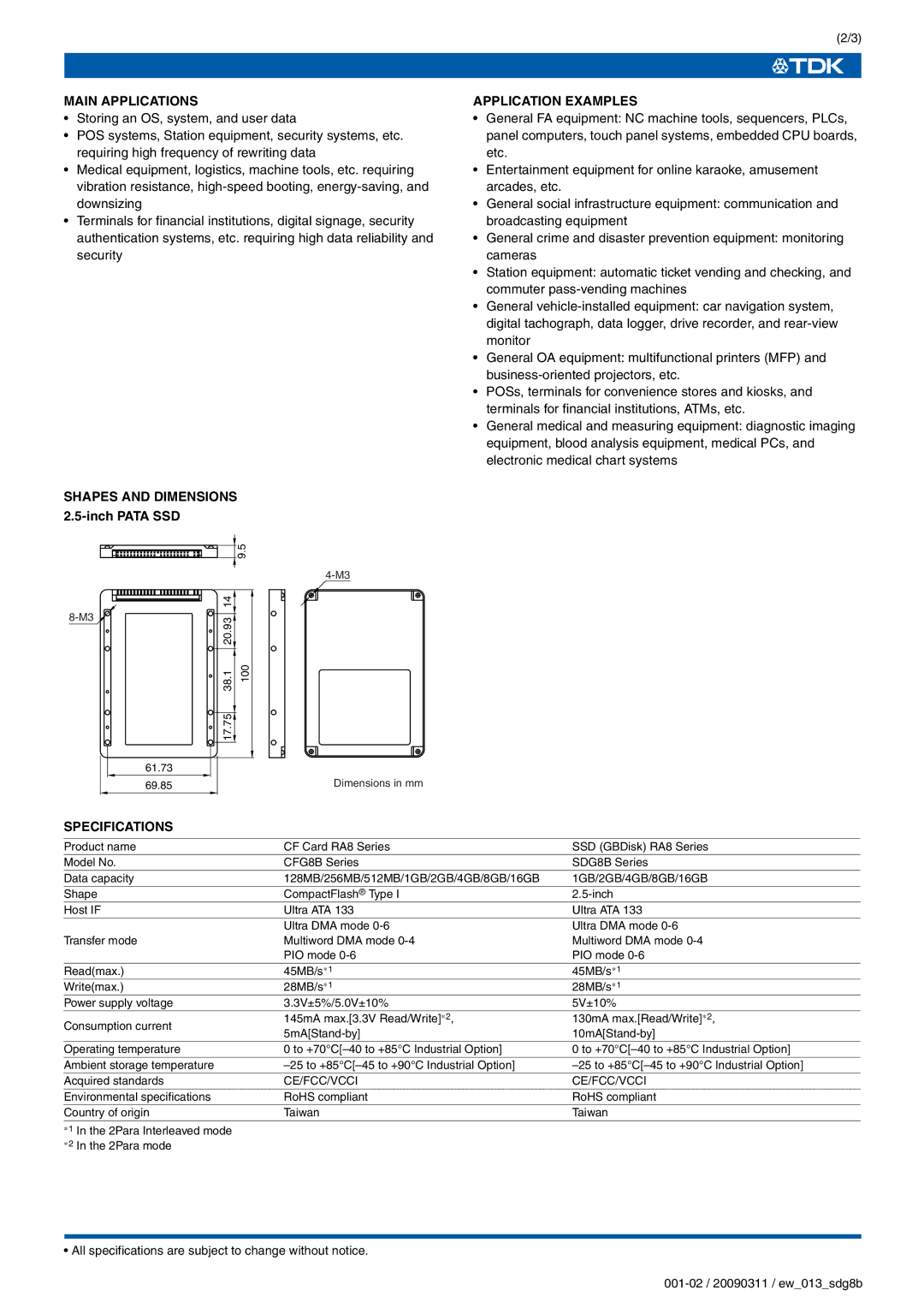 TDK SDG8B Series specifications Main Applications, Shapes and Dimensions, Application Examples, Specifications, Ce/Fcc/Vcci 