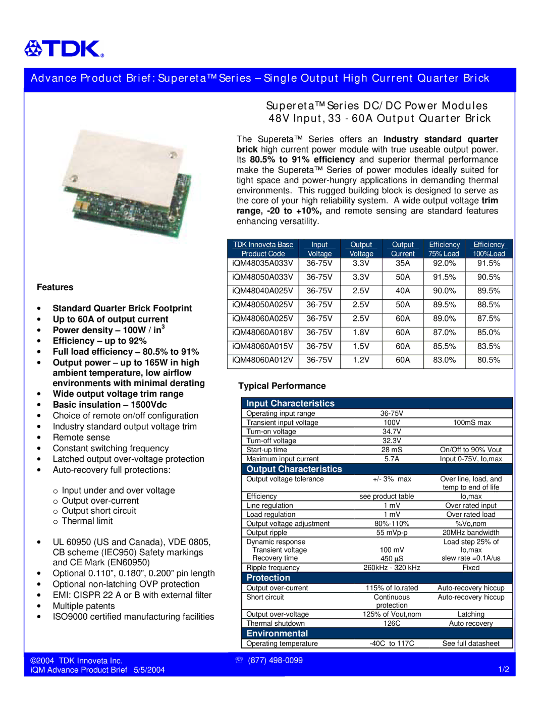 TDK Series DC/DC manual Input Characteristics, Output Characteristics, Protection, Environmental 