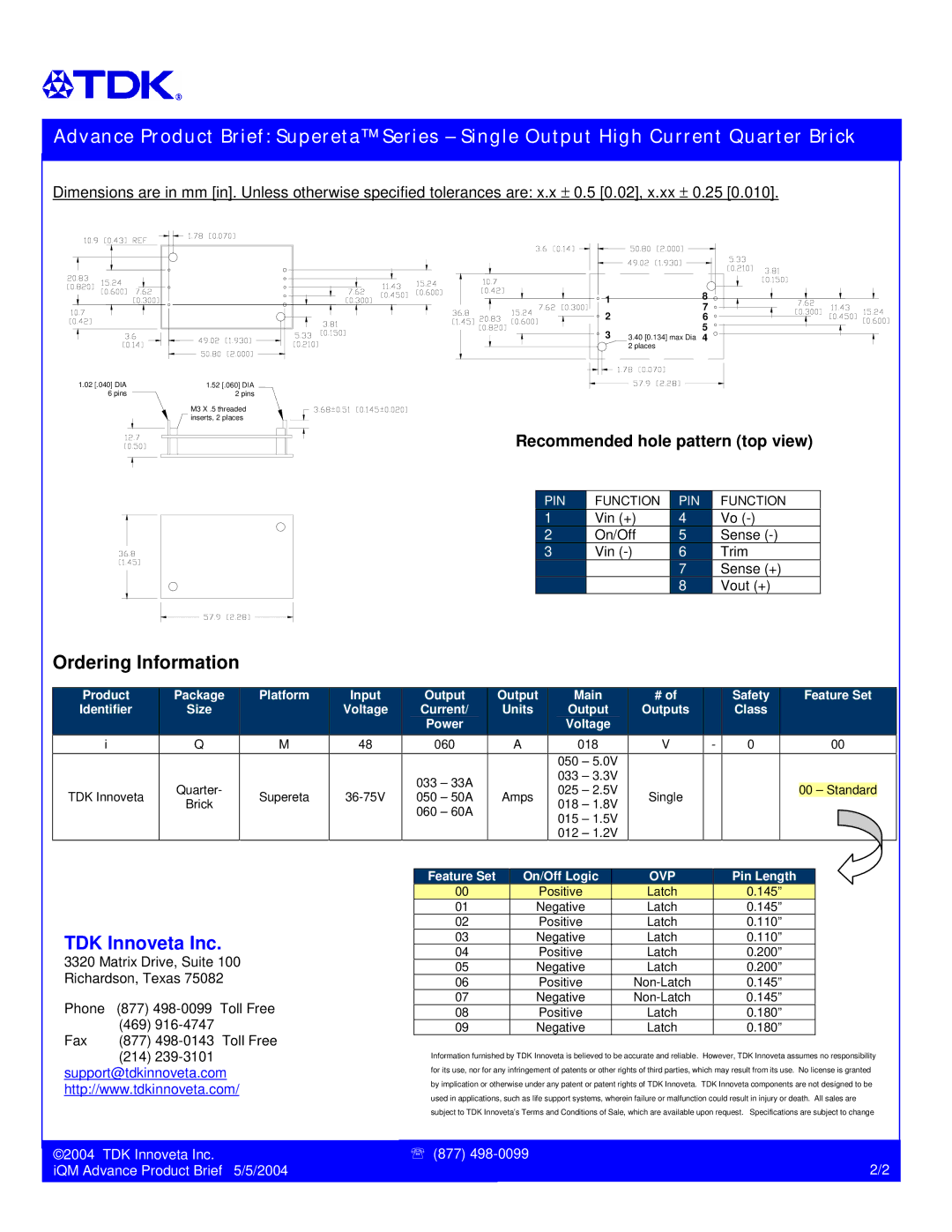 TDK Series DC/DC manual Ordering Information, TDK Innoveta Inc IQM Advance Product Brief 5/5/2004, 060 018, Ovp 