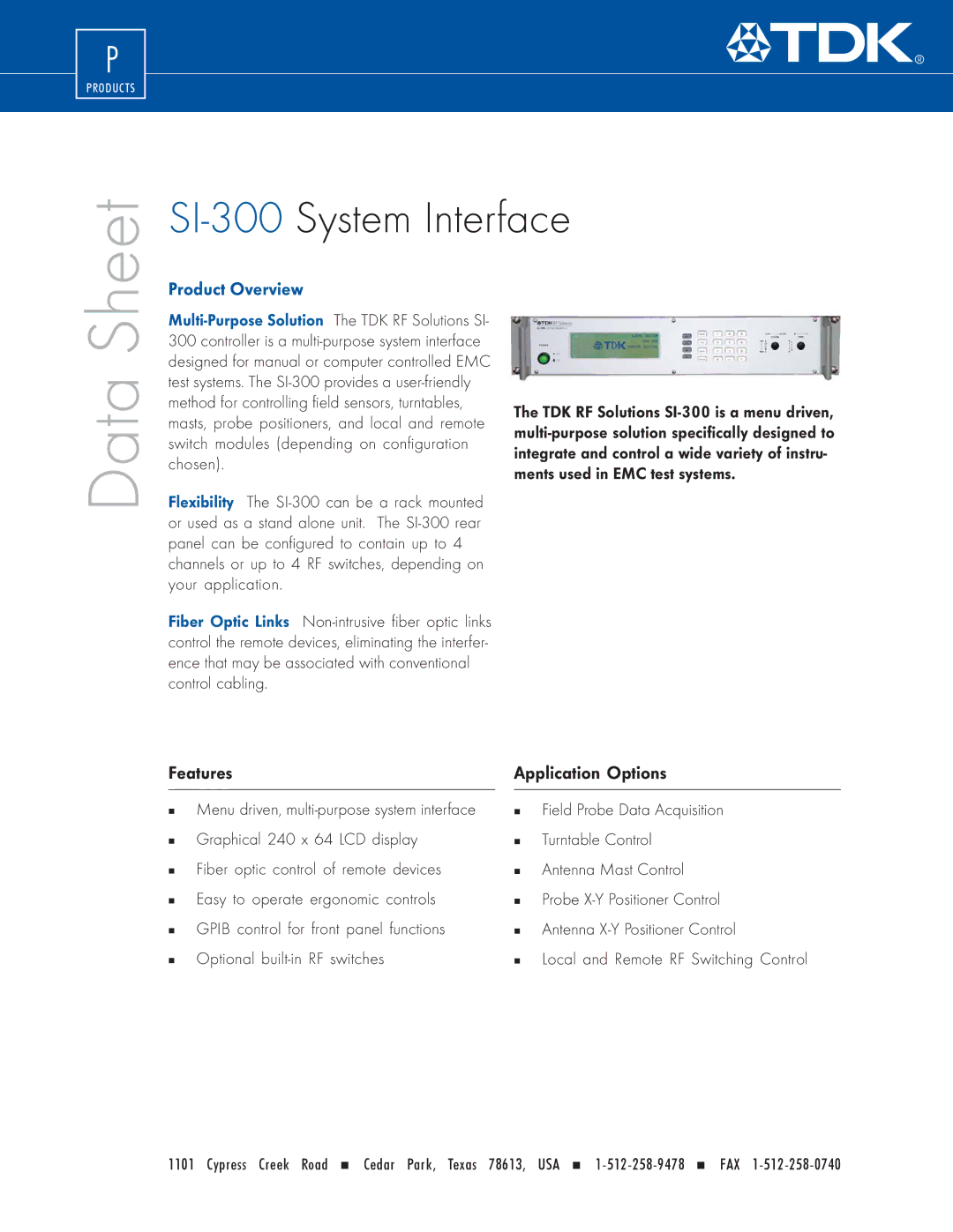 TDK SI-300 manual Data, Product Overview, Features Application Options 