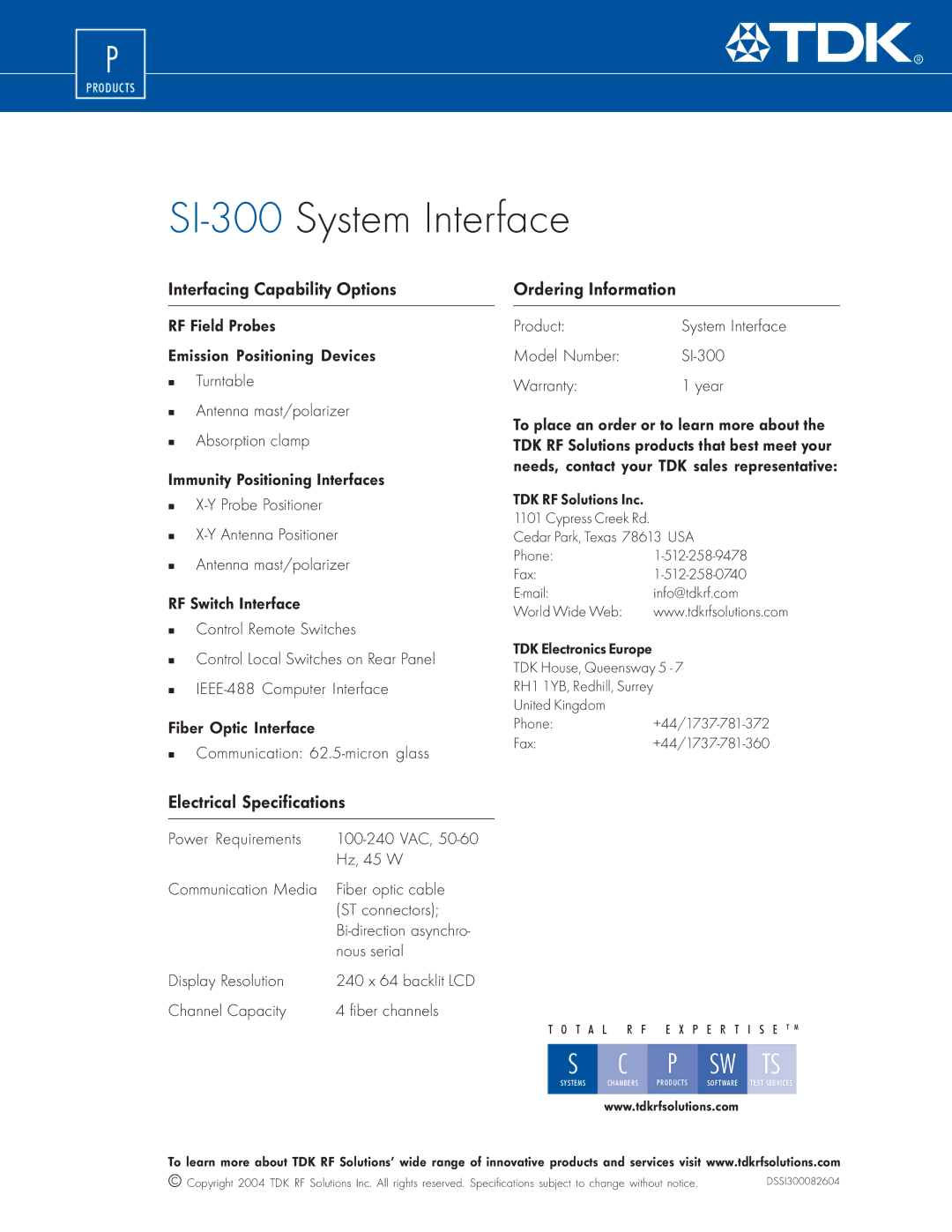 TDK SI-300 manual Interfacing Capability Options, Ordering Information, Electrical Specifications 