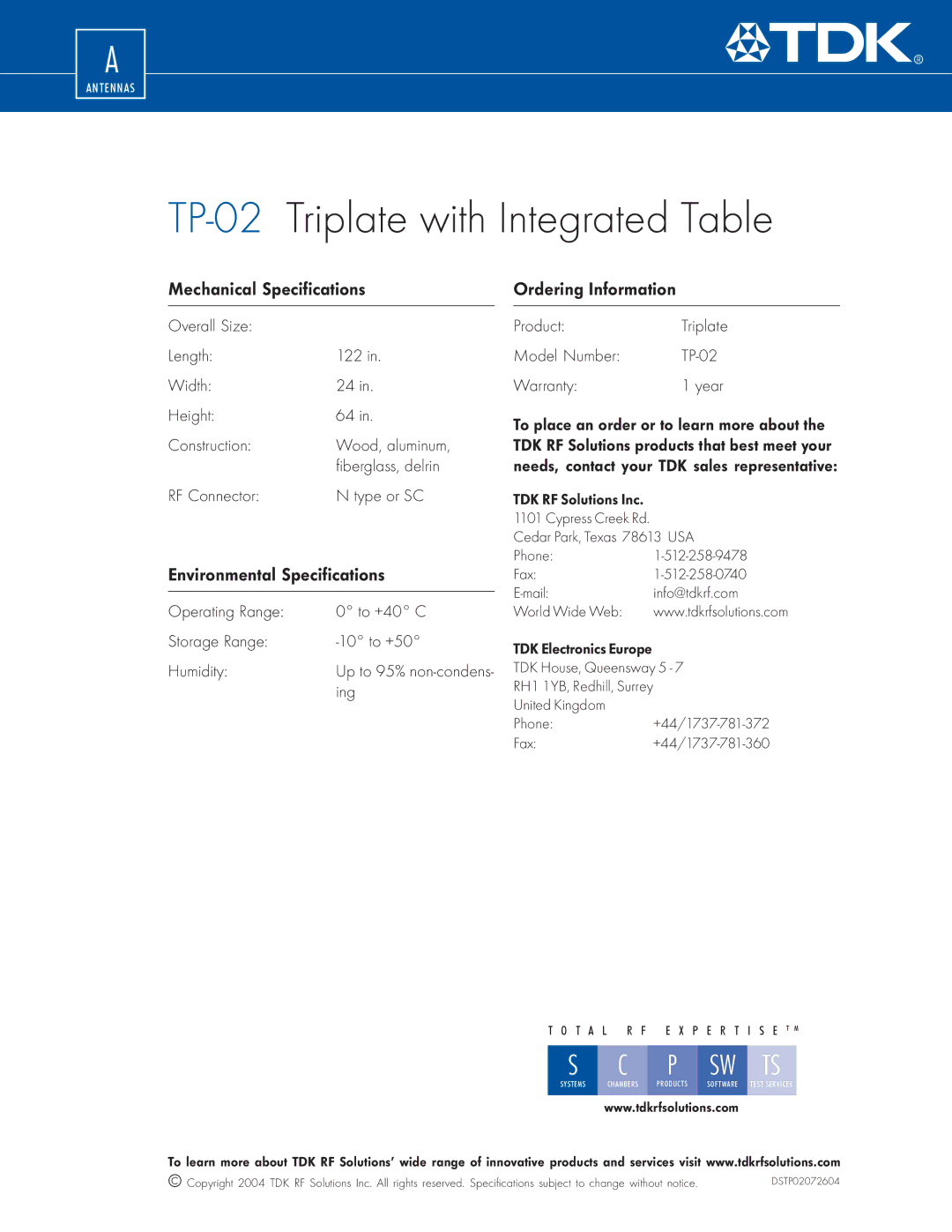 TDK TP-02 specifications Mechanical Specifications Ordering Information, Environmental Specifications 