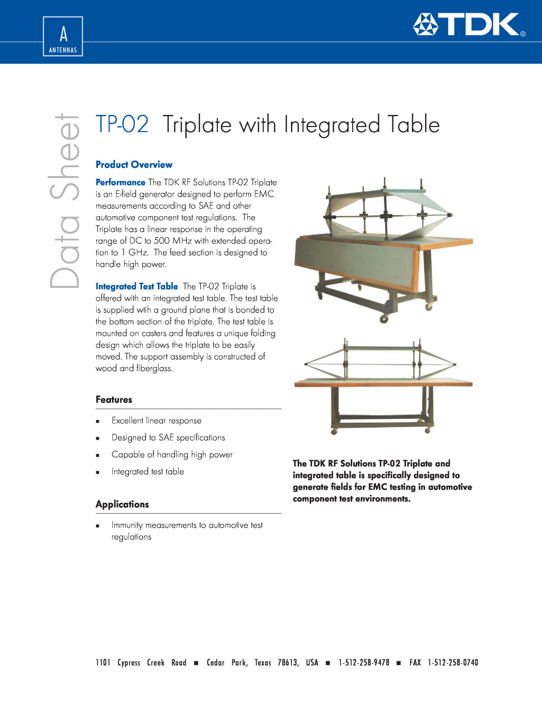 TDK specifications TP-02 Triplate with Integrated Table, Features, Applications, Data, Sheet, Product Overview 