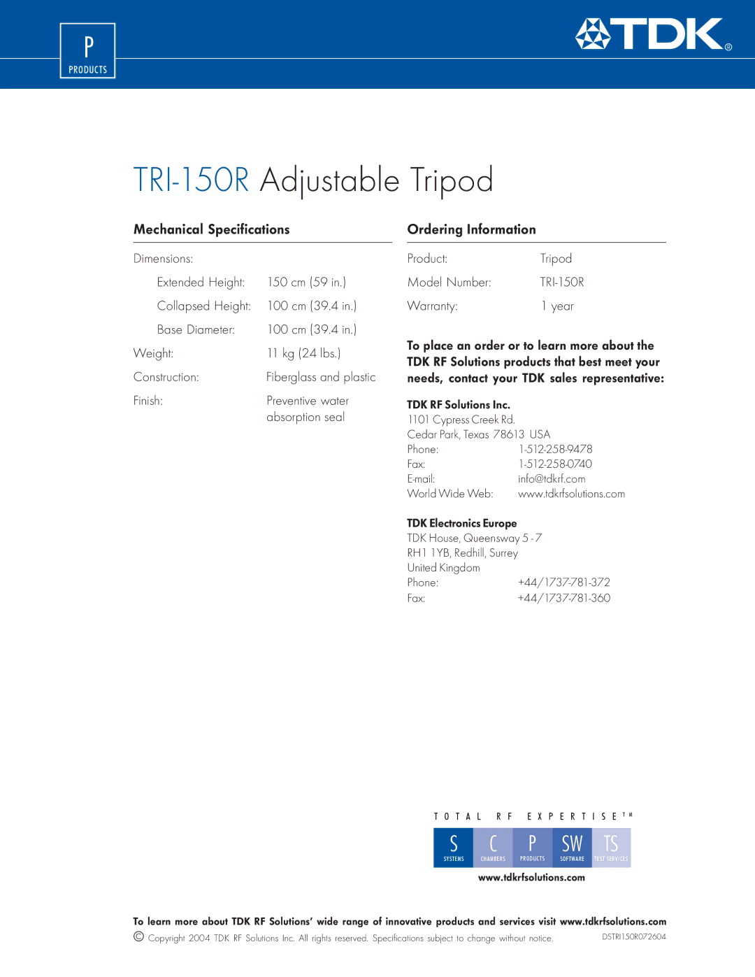 TDK TRI-150R manual Mechanical Specifications, Ordering Information, Finish Preventive water Absorption seal, Warranty Year 